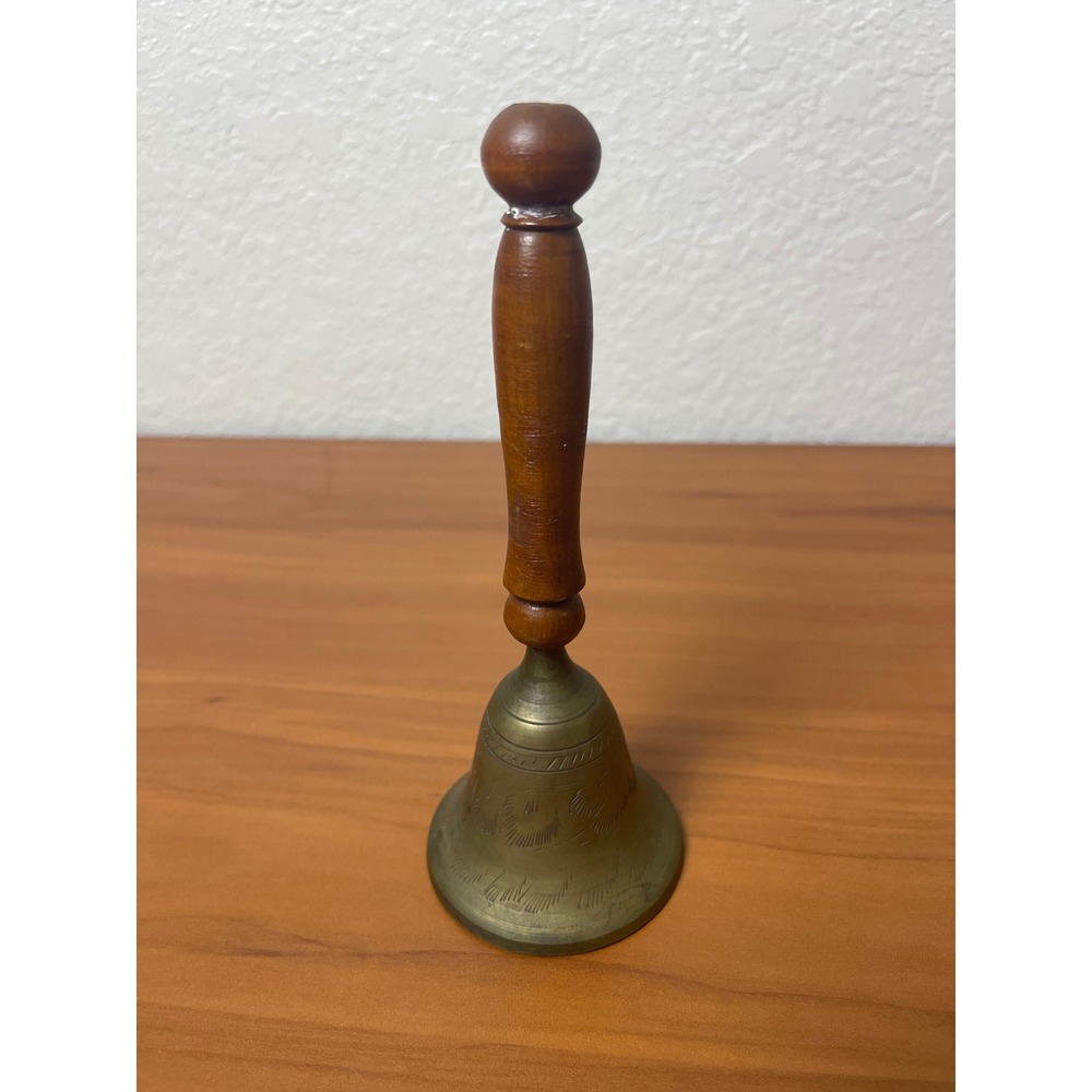 Vintage Brass Hand Bell with Wood Handle Etched Decorative Pattern Made in India